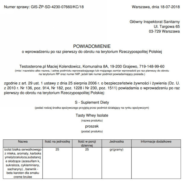 Testosterone.pl Tasty Whey Isolate, zgłoszenie produktu