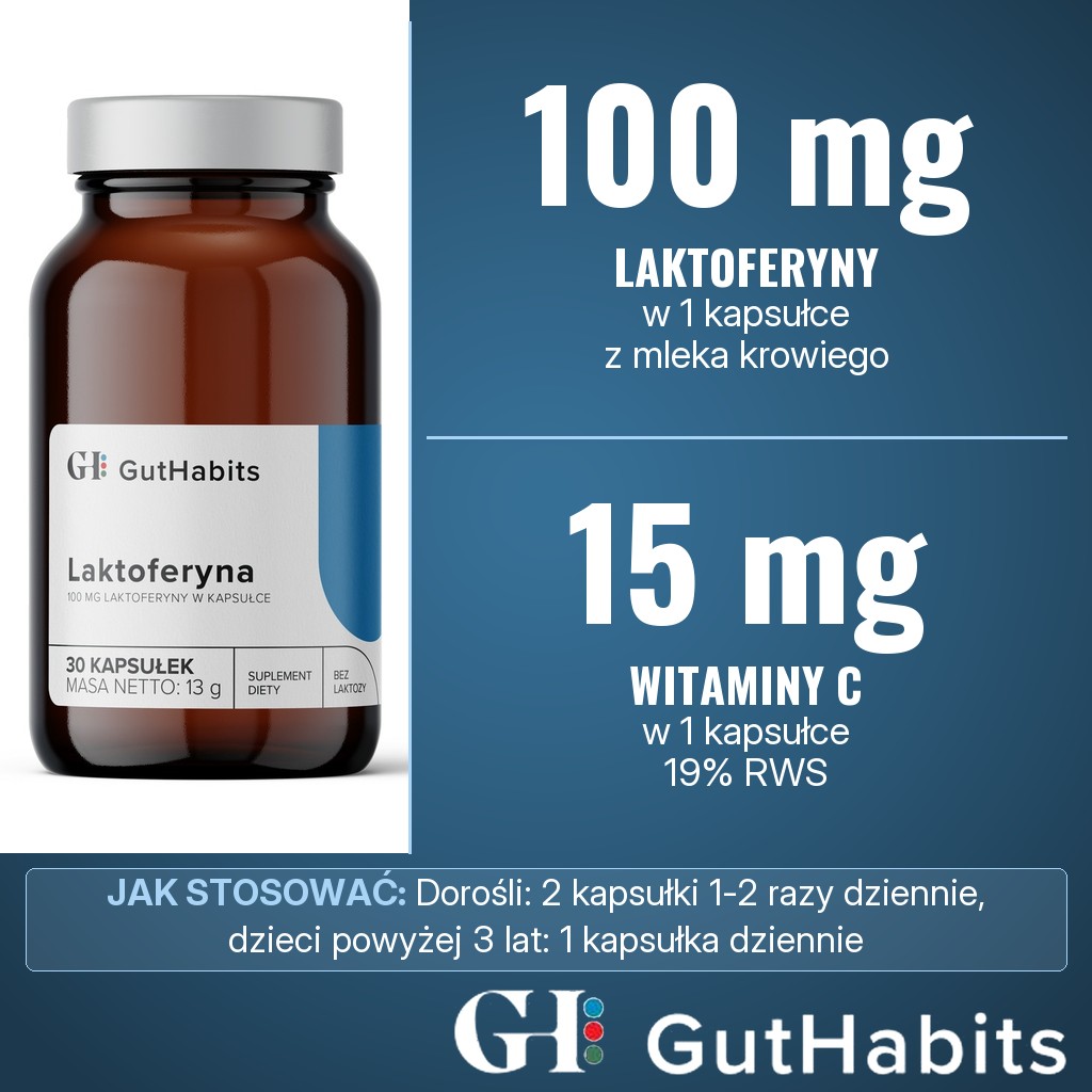 GutHabits Laktoferyna: 100 mg laktoferyny z mleka krowiego i 15 mg witaminy C w 1 kapsułce
