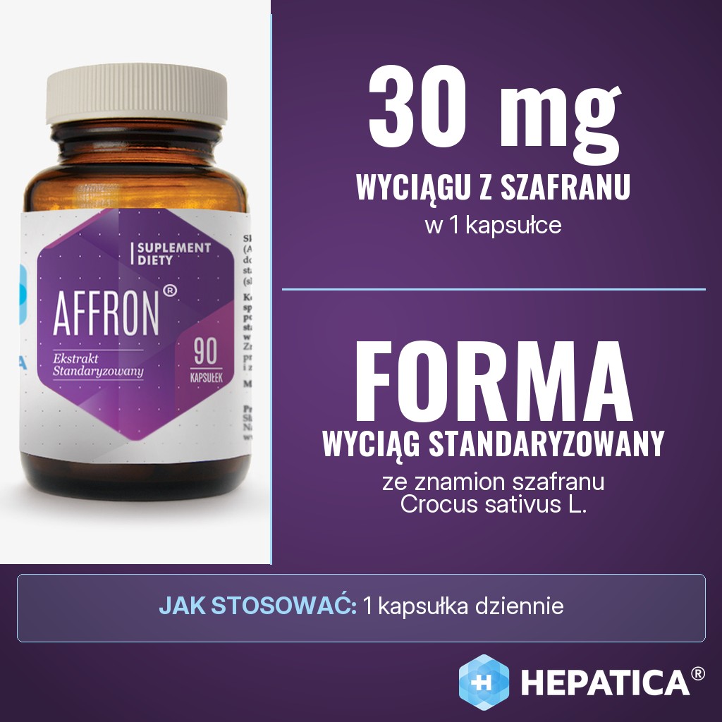 Hepatica Affron: 30 mg standaryzowanego wyciągu ze znamion szafranu (Crocus sativus L.) w kapsułce