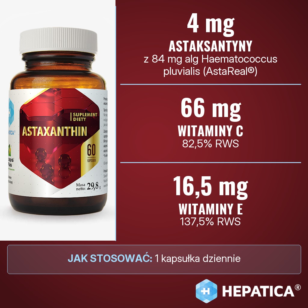 Hepatica Astaxanthin: 4 mg astaksantyny z 84 mg alg Haematococcus pluvialis (AstaReal®), 66 mg witaminy C i 16,5 mg witaminy E w kapsułce
