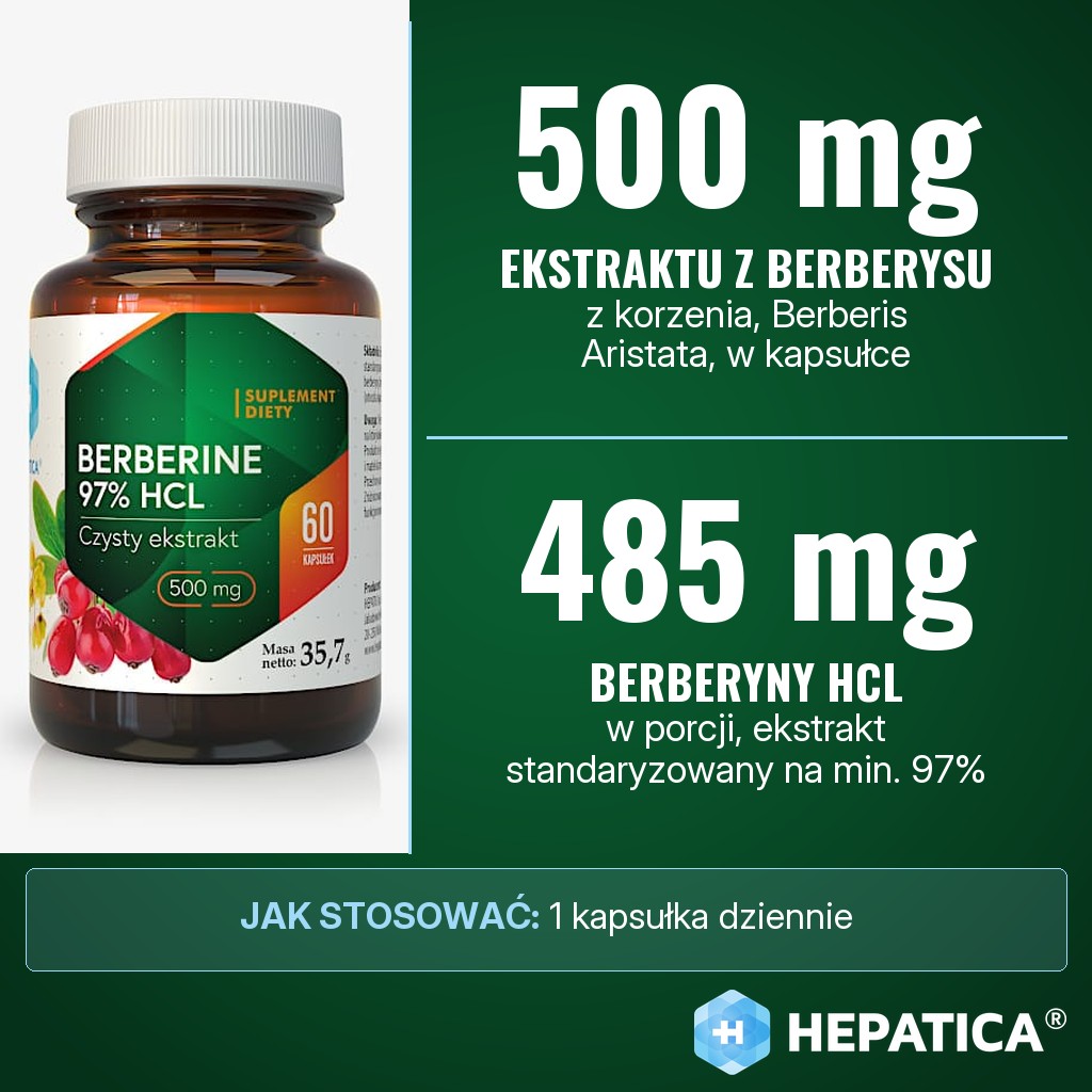 Hepatica Berberine 97% HCL: 500 mg ekstraktu z korzenia berberysu (Berberis Aristata) w kapsułce, w tym 485 mg chlorowodorku berberyny
