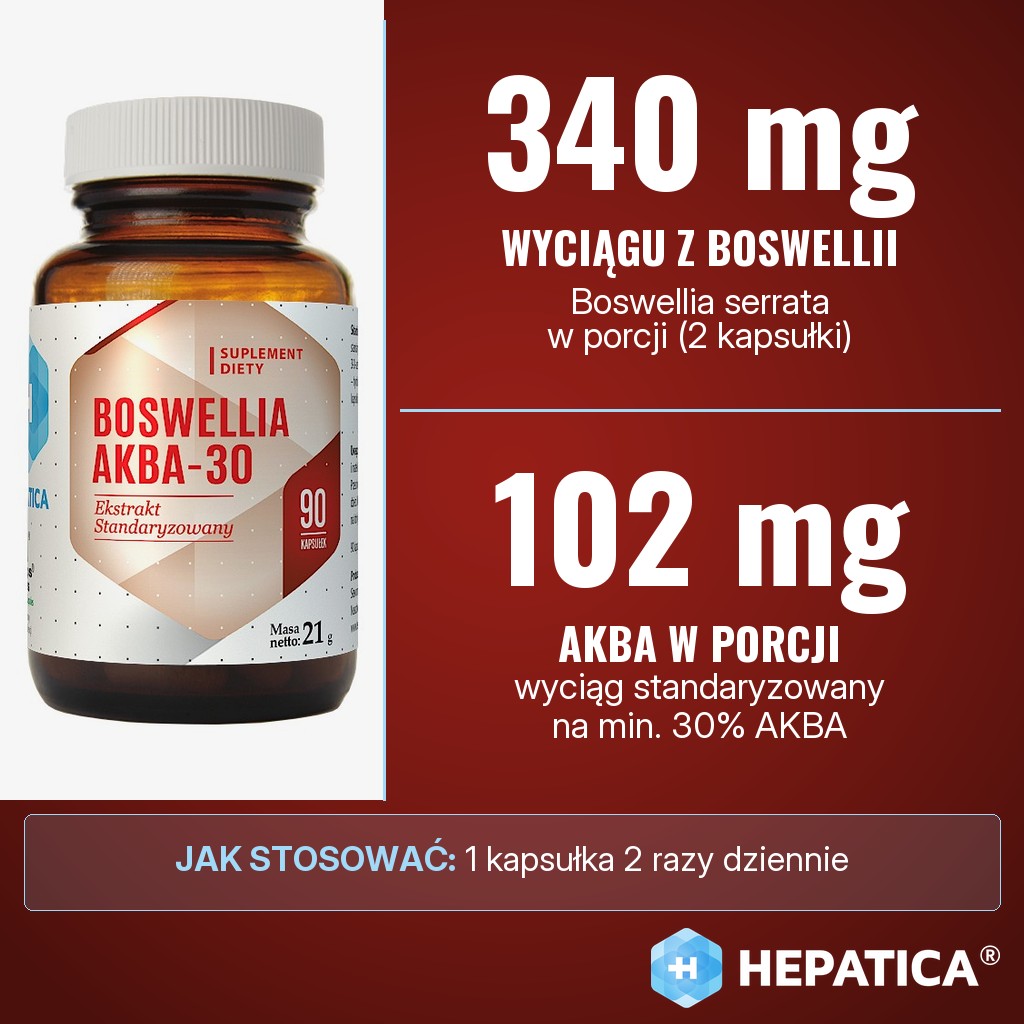 Hepatica Boswellia AKBA-30: 340 mg wyciągu z Boswellia serrata w porcji 2 kapsułek, w tym 102 mg AKBA