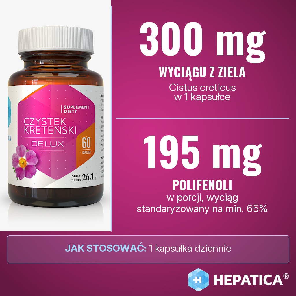 Hepatica Czystek kreteński: 300 mg wyciągu z ziela Cistus creticus w kapsułce, w tym 195 mg polifenoli