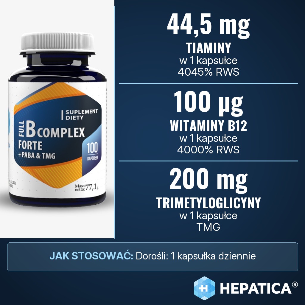 Hepatica Full B-Complex Forte + PABA & TMG: 44,5 mg tiaminy, 100 μg witaminy B12 i 200 mg trimetyloglicyny w 1 kapsułce