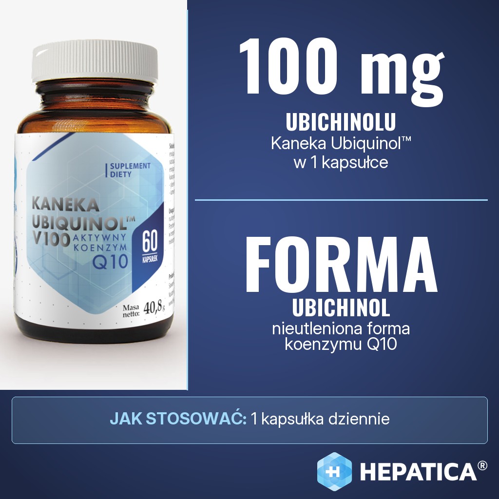Hepatica Kaneka Ubiquinol V100: 100 mg ubichinolu Kaneka Ubiquinol™, nieutlenionej formy koenzymu Q10, w kapsułce
