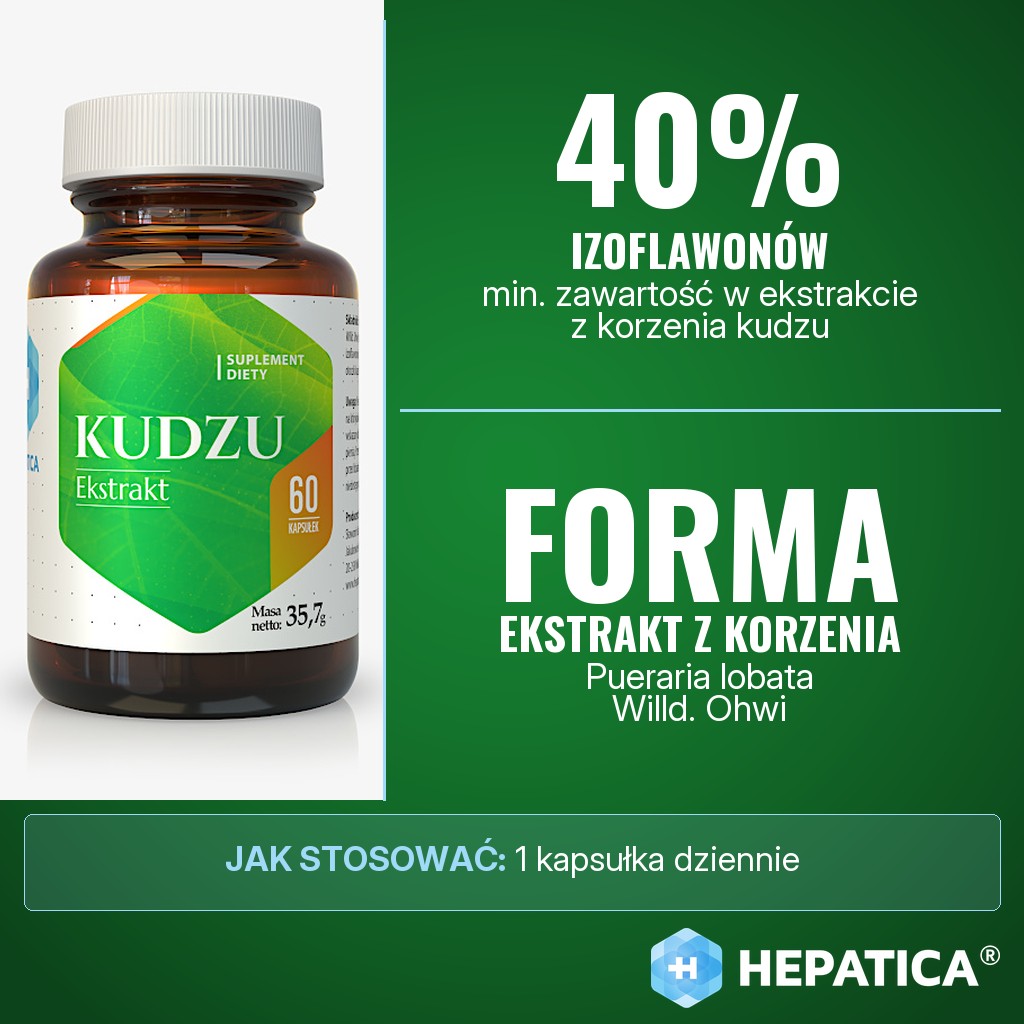 Hepatica Kudzu Ekstrakt: ekstrakt z korzenia kudzu (Pueraria lobata) standaryzowany na min. 40% izoflawonów