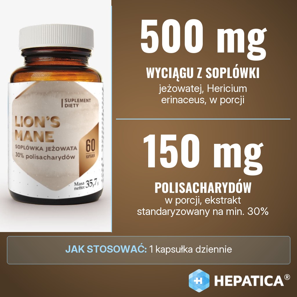 Hepatica Lions Mane: 500 mg wyciągu z soplówki jeżowatej (Hericium erinaceus) w porcji, w tym 150 mg polisacharydów