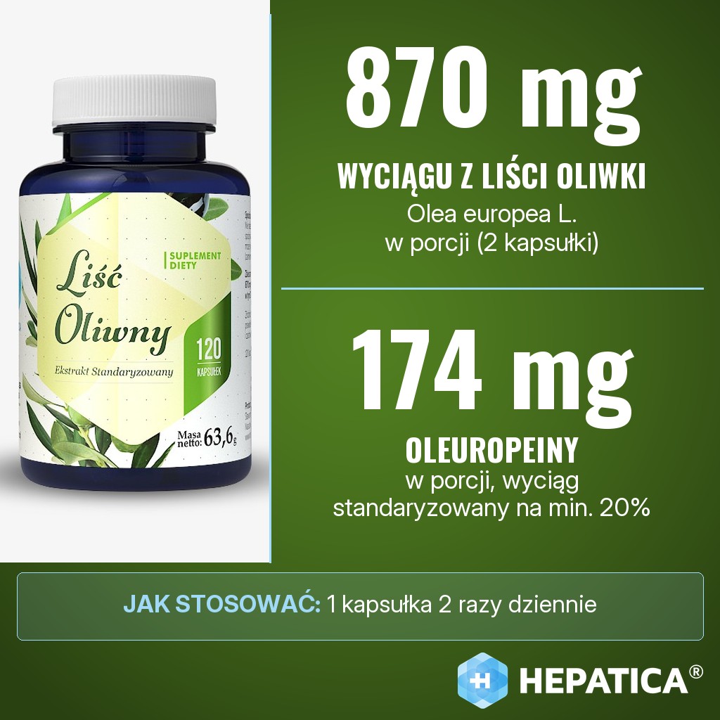 Hepatica Wyciąg z liści oliwki: 870 mg wyciągu z liści oliwki europejskiej (Olea europea L.) w porcji 2 kapsułek, w tym 174 mg oleuropeiny