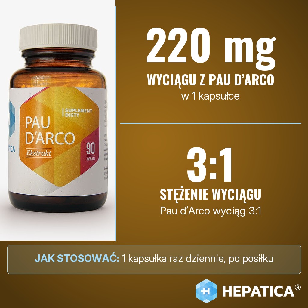 Hepatica Pau d’Arco: 220 mg wyciągu 3:1 z Pau d’Arco w kapsułce