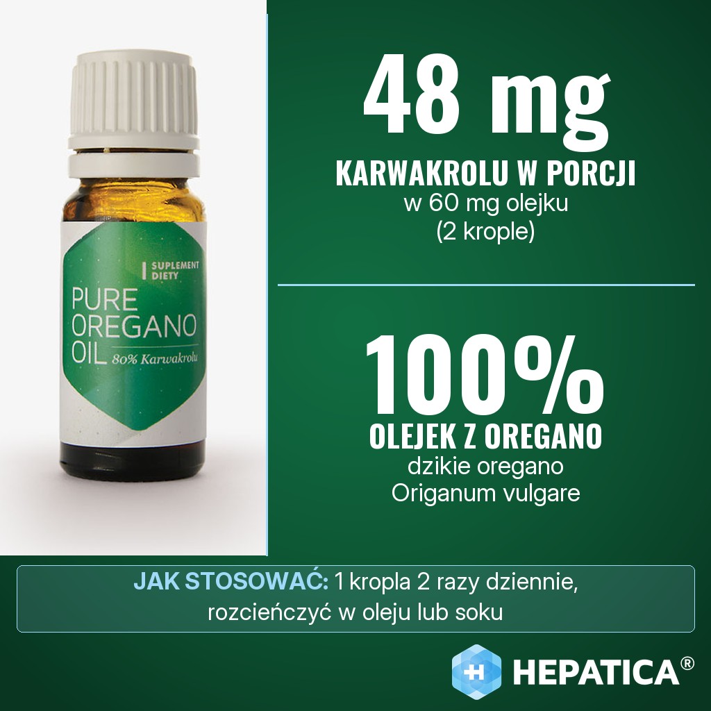 Hepatica Pure Oregano Oil: 100% olejek z dzikiego oregano (Origanum vulgare), 48 mg karwakrolu w porcji 2 kropli