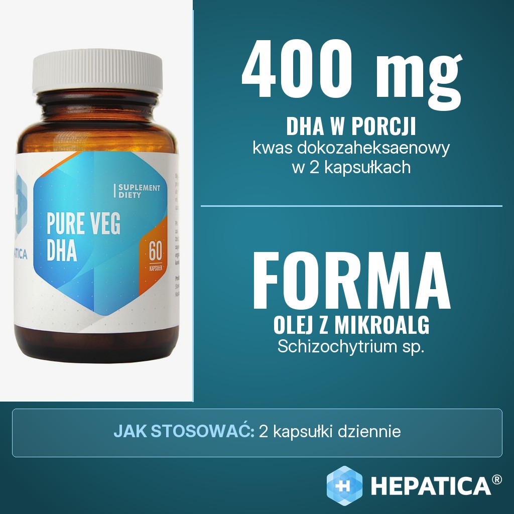 Hepatica Pure Veg DHA: 400 mg kwasu dokozaheksaenowego DHA z oleju z mikroalg Schizochytrium sp. w porcji 2 kapsułek