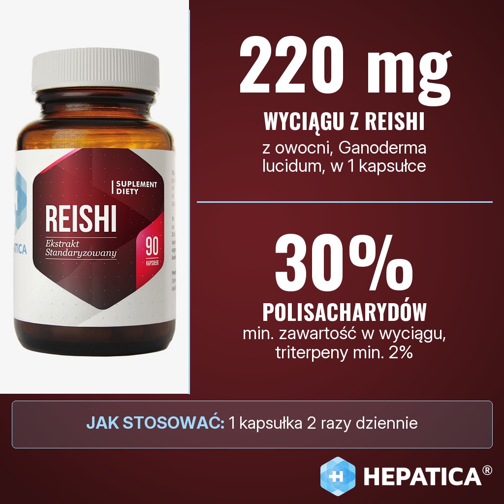 Hepatica Reishi: 220 mg wyciągu z owocni reishi (Ganoderma lucidum) w kapsułce, min. 30% polisacharydów i 2% triterpenów