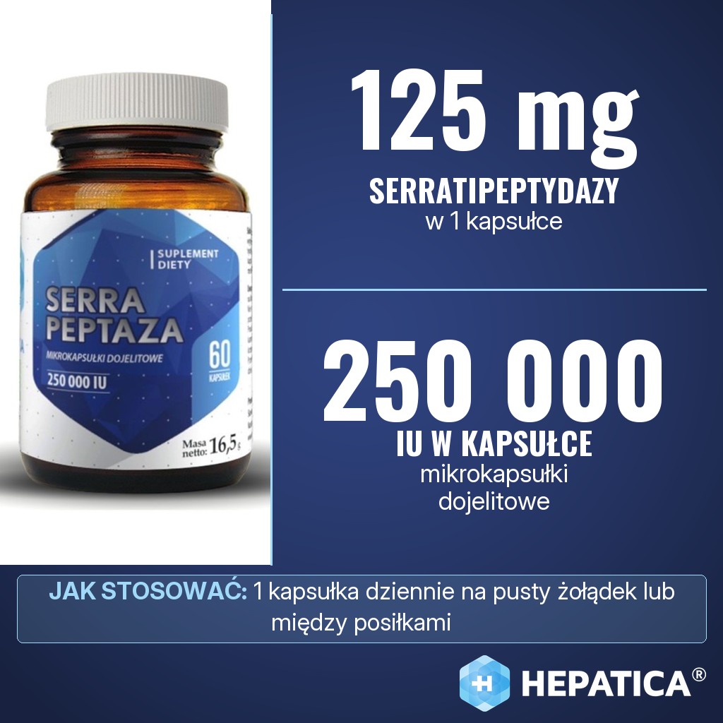 Hepatica Serrapeptaza 250 000 IU: 125 mg serratipeptydazy (250 000 IU) w 1 kapsułce, mikrokapsułki dojelitowe