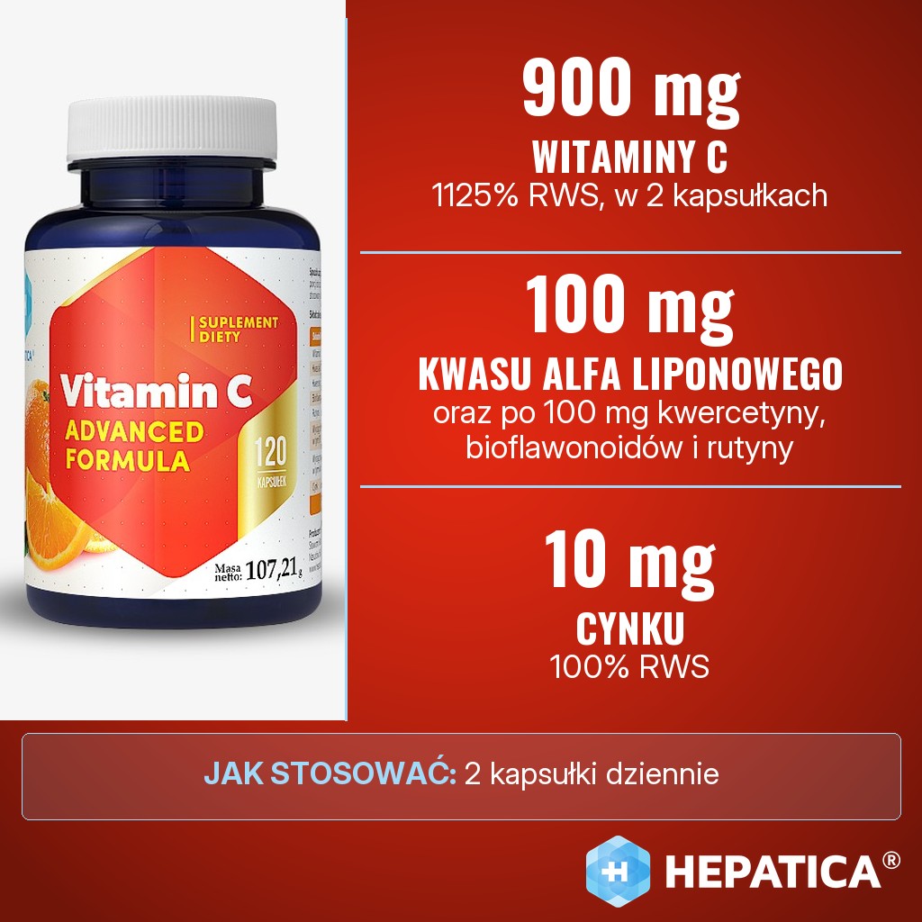 Hepatica Vitamin C Advanced Formula: 900 mg witaminy C, 100 mg kwasu alfa liponowego, kwercetyna, bioflawonoidy, rutyna i 10 mg cynku w porcji 2 kapsułek