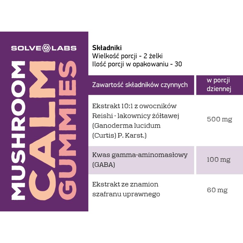 Solve Labs Mushroom Calm Gummies, opakowanie żelków, grafika producenta