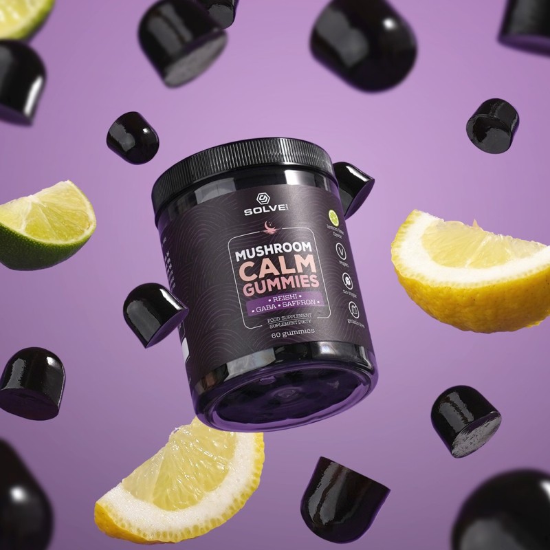 Solve Labs Mushroom Calm Gummies, żelki z reishi, GABA i szafranem, grafika producenta