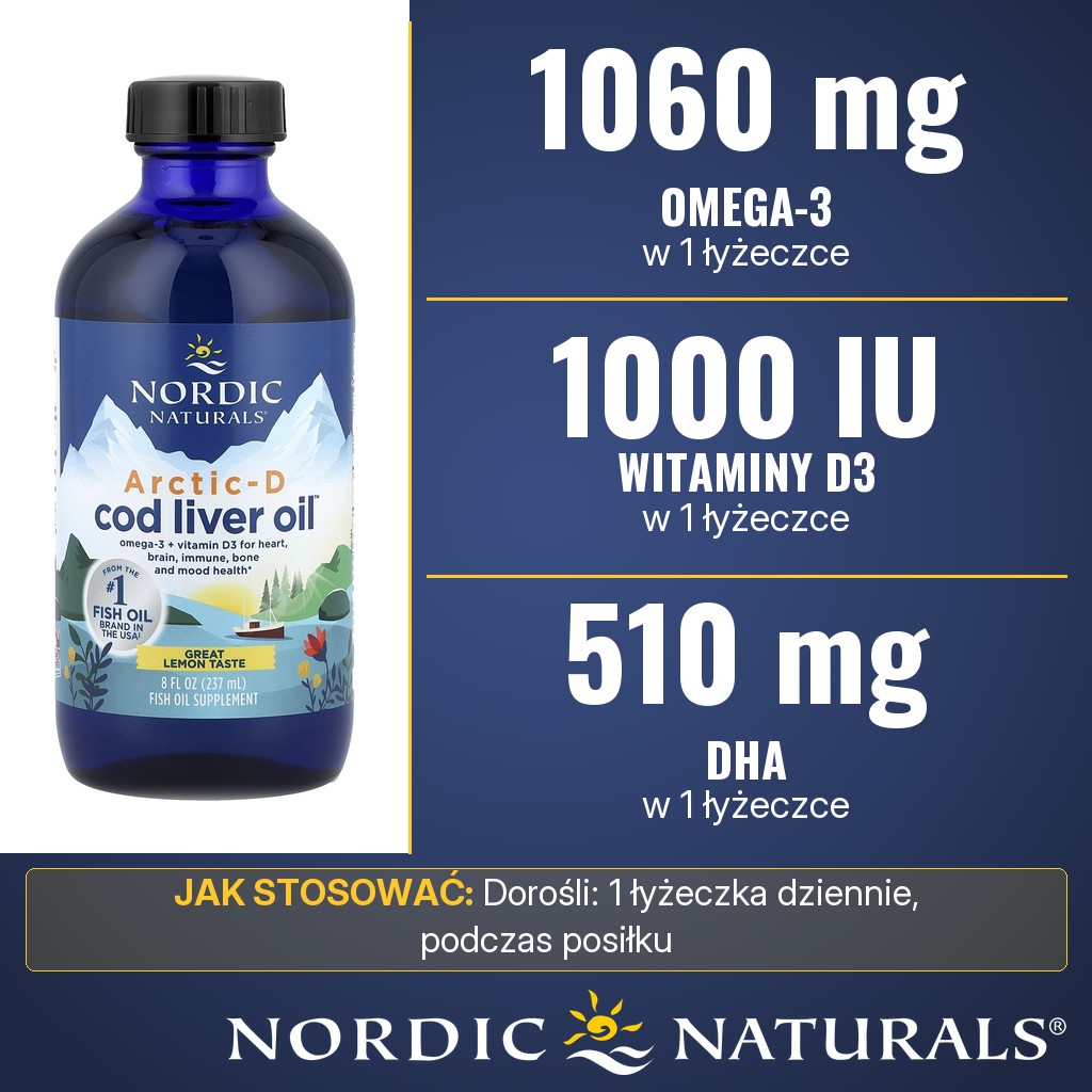 Nordic Naturals Arctic-D Cod Liver Oil: 1060 mg kwasów omega-3, 510 mg DHA i 1000 IU witaminy D3 w 1 łyżeczce oleju z wątroby dorsza o smaku cytrynowym