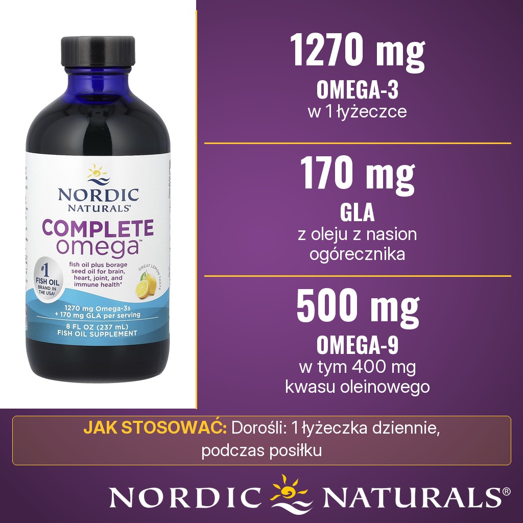 Nordic Naturals Complete Omega 1270 mg: 1270 mg kwasów omega-3, 170 mg GLA z oleju z nasion ogórecznika i 500 mg omega-9 w 1 łyżeczce płynu o smaku cytrynowym