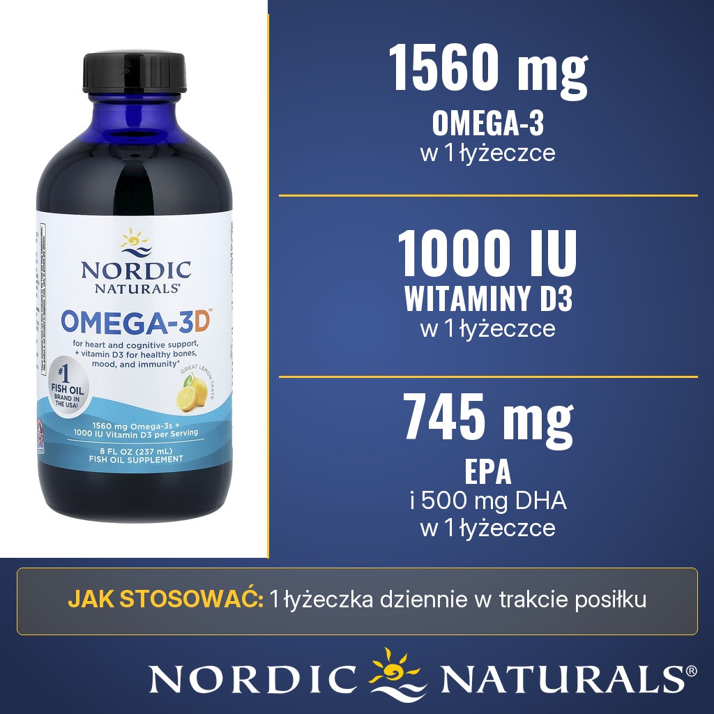 Nordic Naturals Omega-3D Liquid: 1560 mg kwasów omega-3, w tym 745 mg EPA i 500 mg DHA, oraz 1000 IU witaminy D3 w 1 łyżeczce płynu o smaku cytrynowym