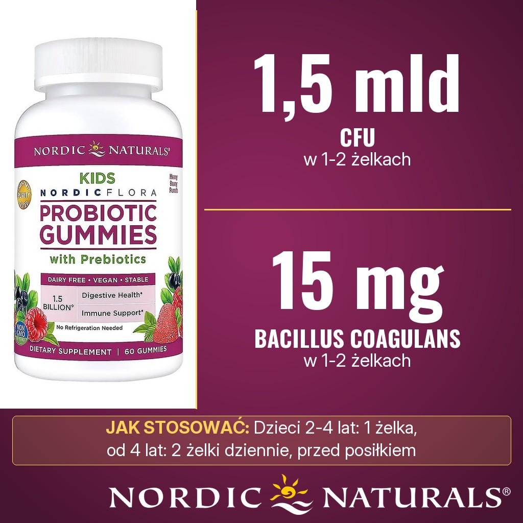 Nordic Naturals Probiotic Gummies Kids: żelki z Bacillus coagulans (15 mg, razem 1,5 mld CFU) w 1-2 żelkach