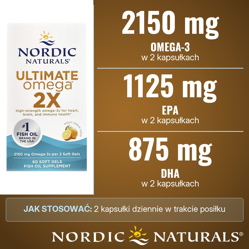 Nordic Naturals Ultimate Omega 2X: 2150 mg kwasów omega-3, w tym 1125 mg EPA i 875 mg DHA, w 2 kapsułkach o smaku cytrynowym