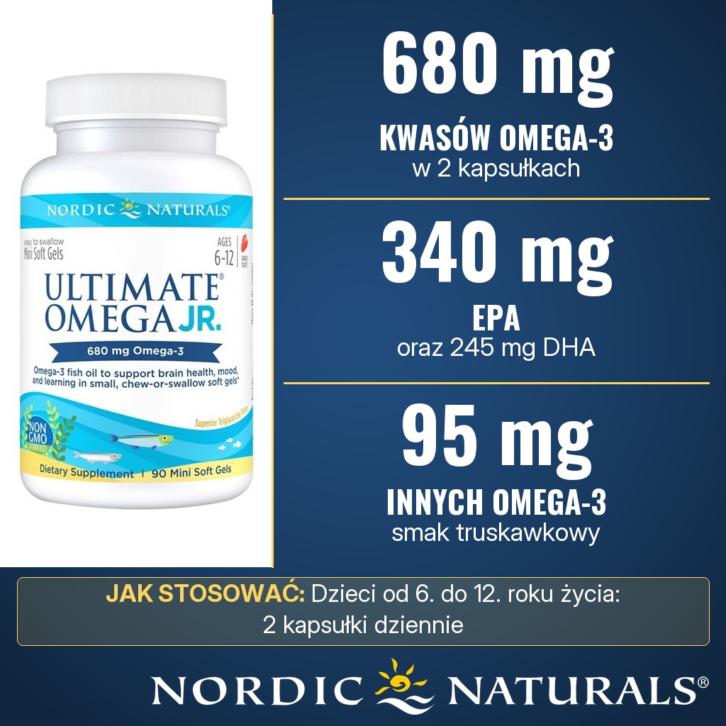 Nordic Naturals Ultimate Omega Junior 680 mg: 680 mg kwasów omega-3 (340 mg EPA, 245 mg DHA) w 2 kapsułkach, dla dzieci od 6. do 12. roku życia
