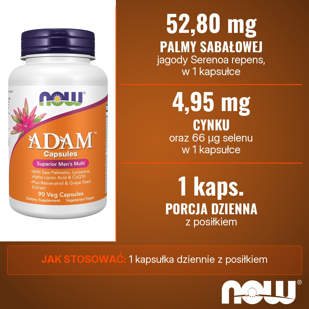 Now Foods ADAM Male Multi: witaminy, minerały, 52,80 mg palmy sabałowej, 4,95 mg cynku i 66 µg selenu w 1 kapsułce dziennie