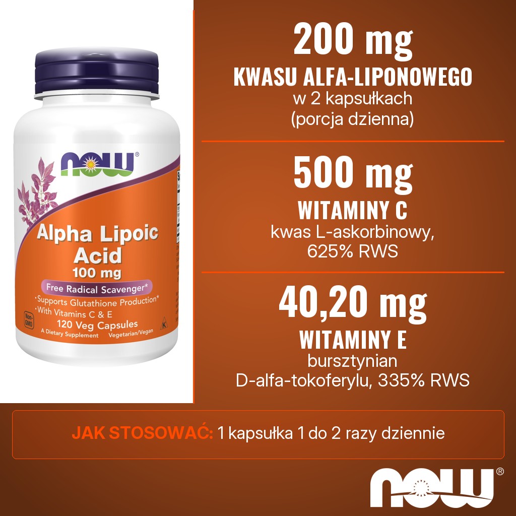Now Foods Alpha Lipoic Acid 100 mg z witaminami C i E: 200 mg kwasu alfa-liponowego, 500 mg witaminy C i 40,20 mg witaminy E w 2 kapsułkach dziennie