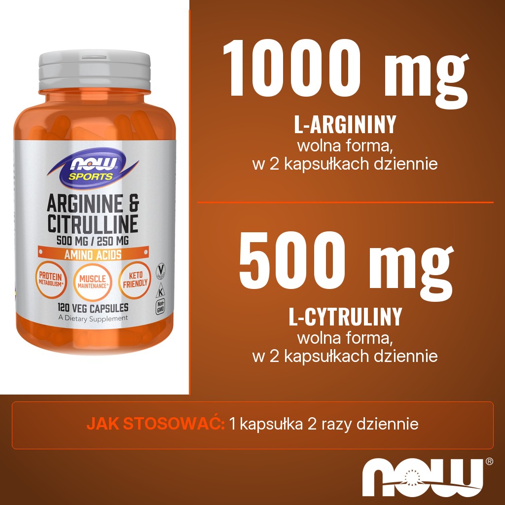 Now Foods Arginine & Citrulline: 1000 mg L-argininy i 500 mg L-cytruliny w 2 kapsułkach dziennie