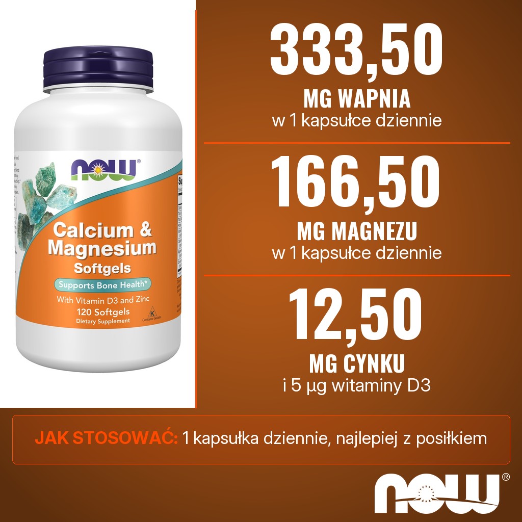 Now Foods Calcium & Magnesium with Vit D and Zinc: 333,50 mg wapnia, 166,50 mg magnezu, 12,50 mg cynku i 5 µg witaminy D3 w 1 kapsułce dziennie