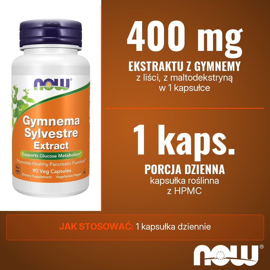 Now Foods Gymnema Sylvestre: 400 mg mieszanki ekstraktu z liści gymnemy leśnej w 1 kapsułce dziennie