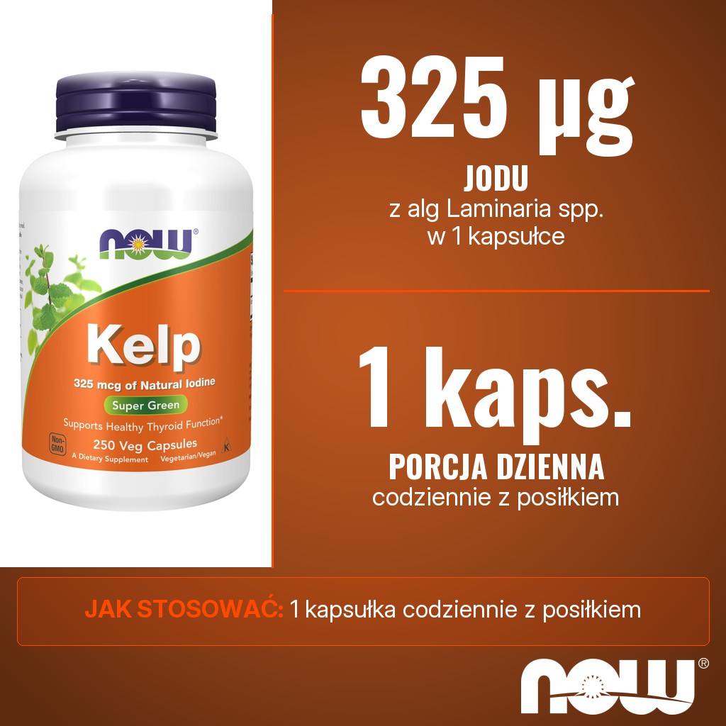 Now Foods Kelp Caps 325mcg: 325 µg jodu z alg Laminaria w 1 kapsułce dziennie