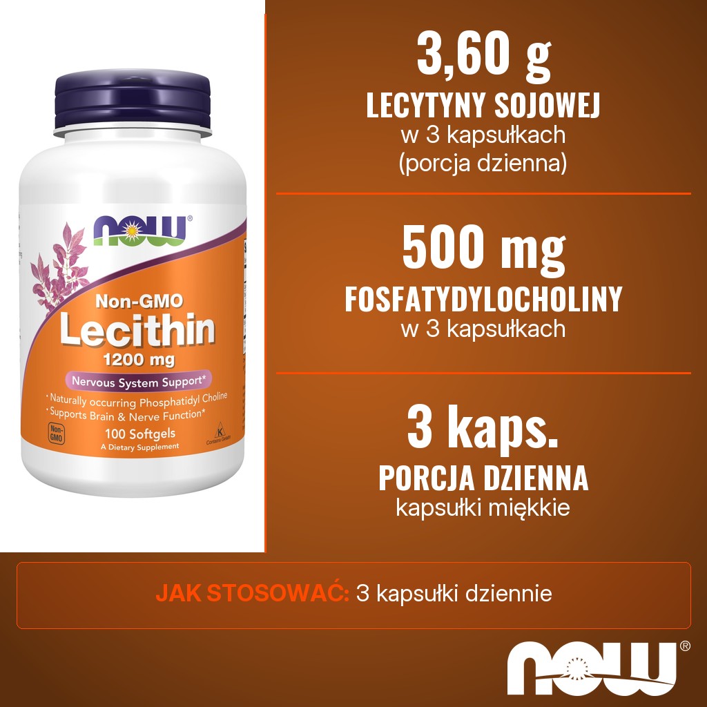 Now Foods Lecithin 1200: 3,60 g lecytyny sojowej i 500 mg fosfatydylocholiny w 3 kapsułkach dziennie