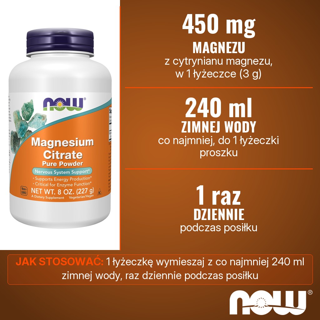 Now Foods Magnesium Citrate Pure Powder: 450 mg magnezu z cytrynianu w 1 łyżeczce (3 g) dziennie