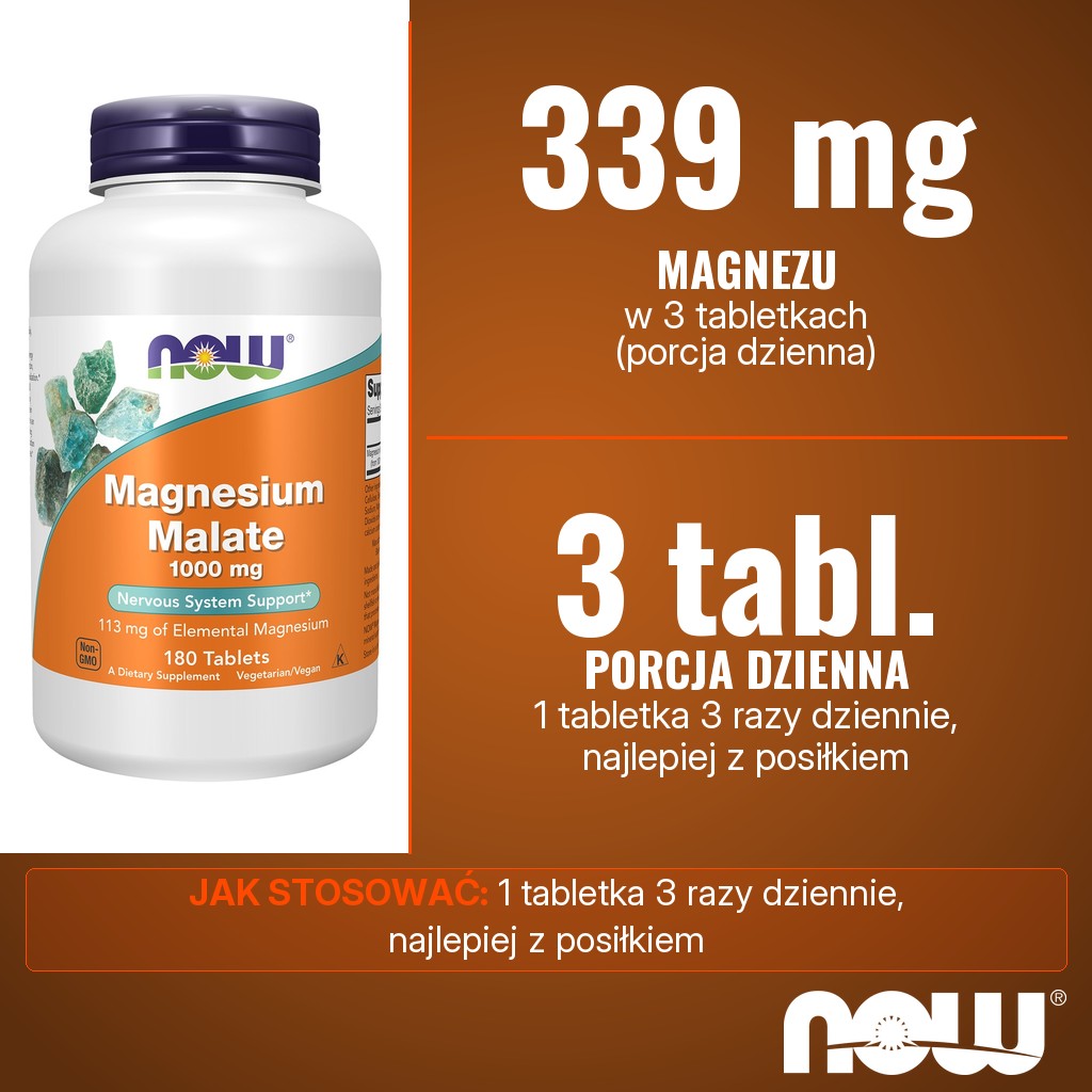 Now Foods Magnesium Malate: 339 mg magnezu w 3 tabletkach dziennie