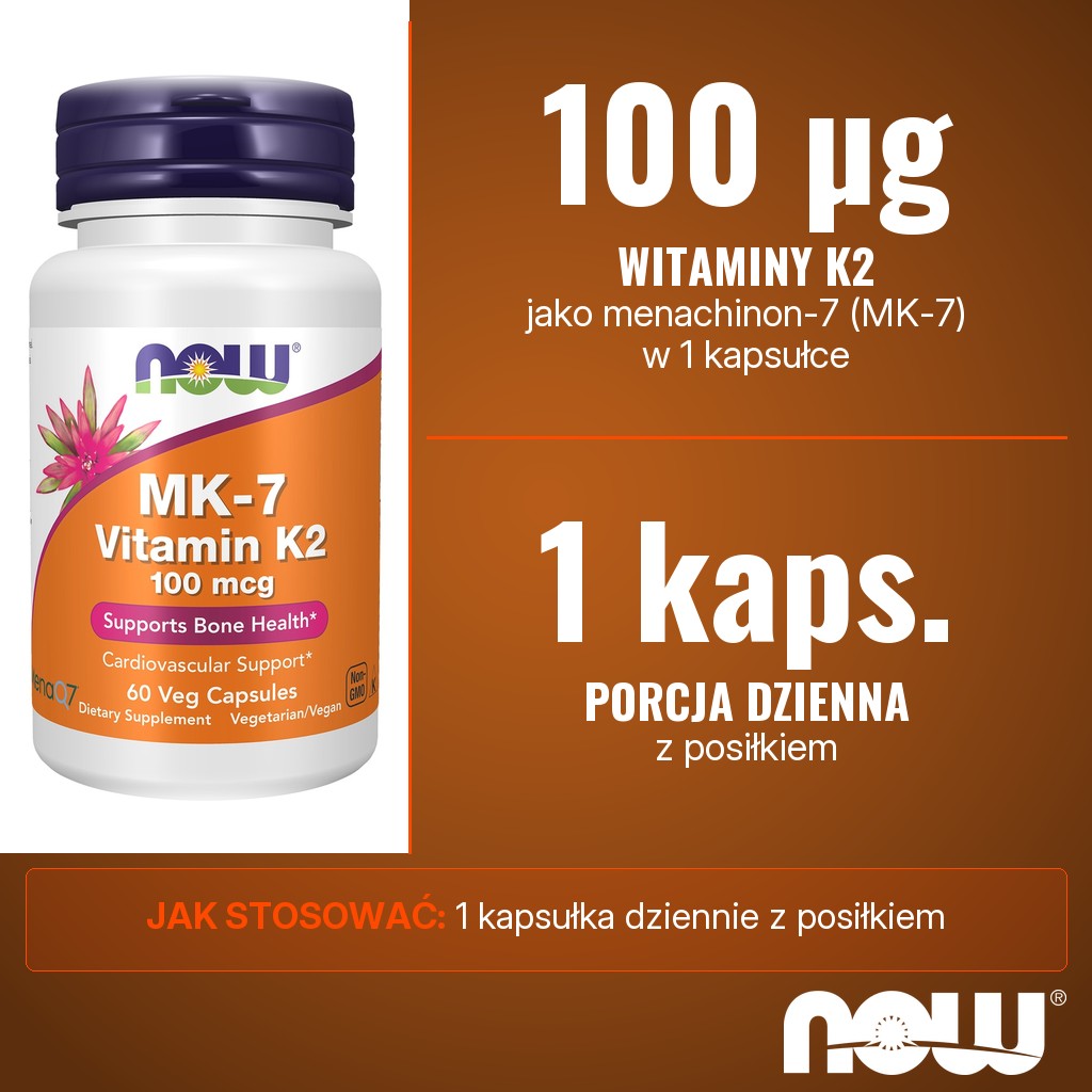 Now Foods MK-7 K2 100mcg: 100 µg witaminy K2 jako menachinon-7 (MenaQ7) w 1 kapsułce dziennie