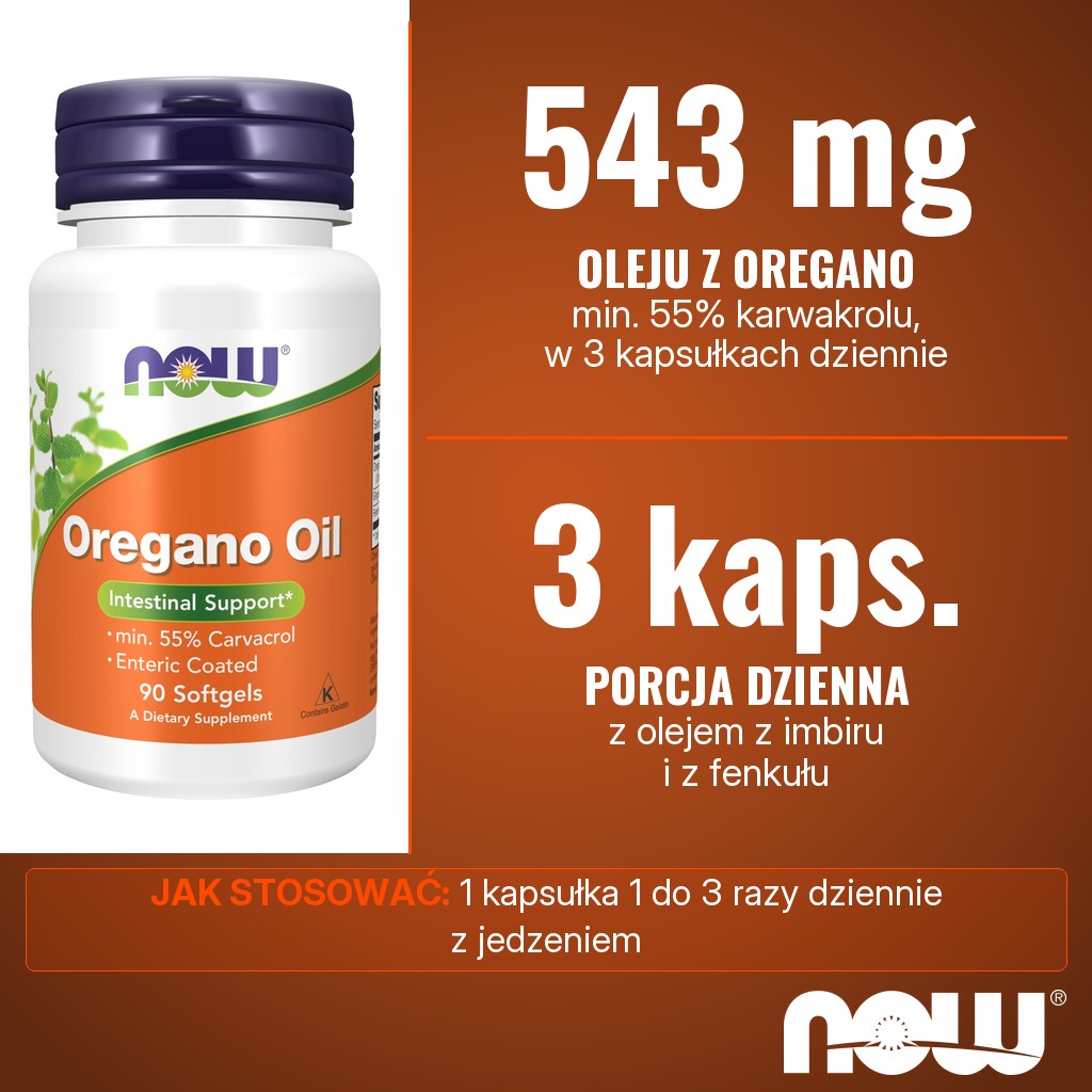 Now Foods Oregano Oil Enteric: 543 mg oleju z oregano (min. 55% karwakrolu) w 3 kapsułkach dziennie
