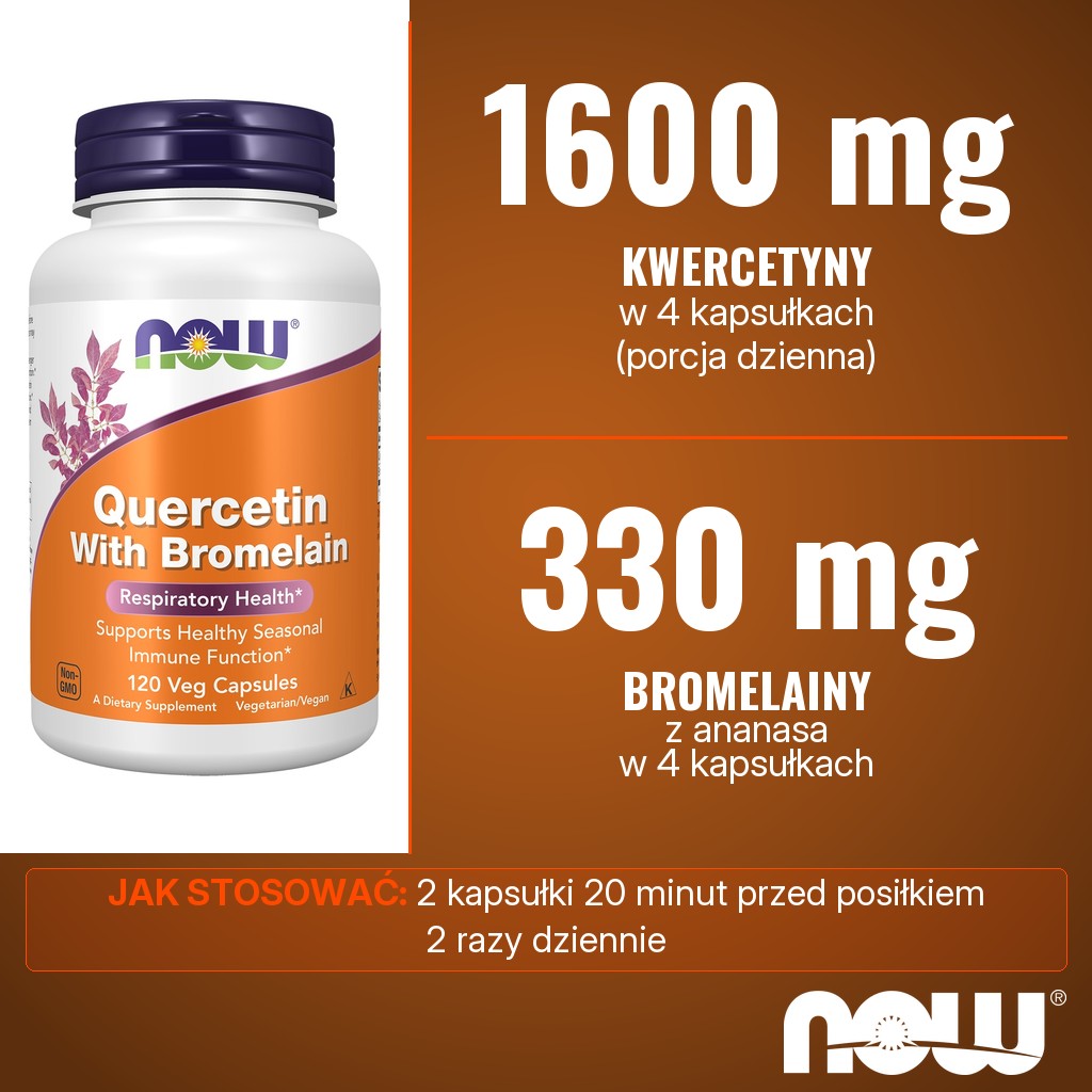 Now Foods Quercetin with Bromelain: 1600 mg kwercetyny i 330 mg bromelainy w 4 kapsułkach dziennie