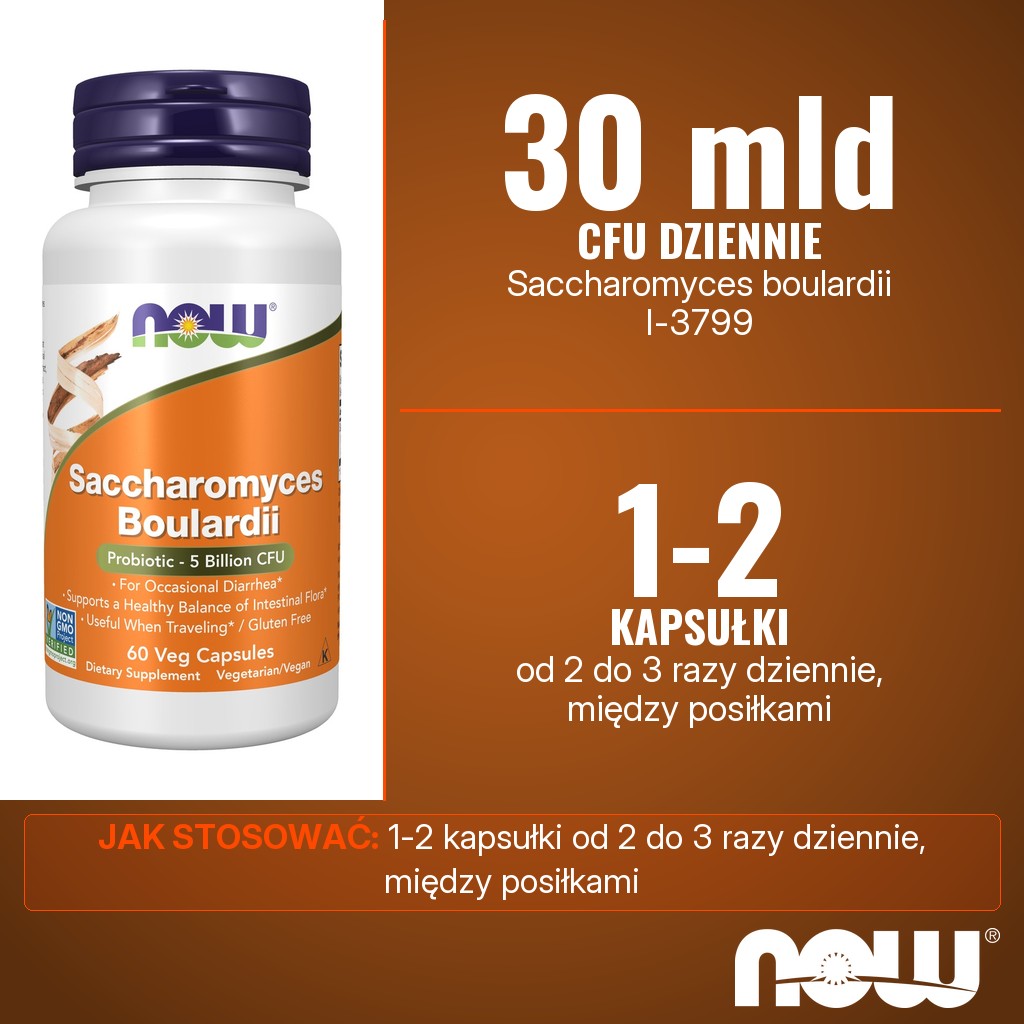Now Foods Saccharomyces Boulardii: 30 x 10^9 CFU Saccharomyces boulardii I-3799 w porcji dziennej, 1-2 kapsułki od 2 do 3 razy dziennie