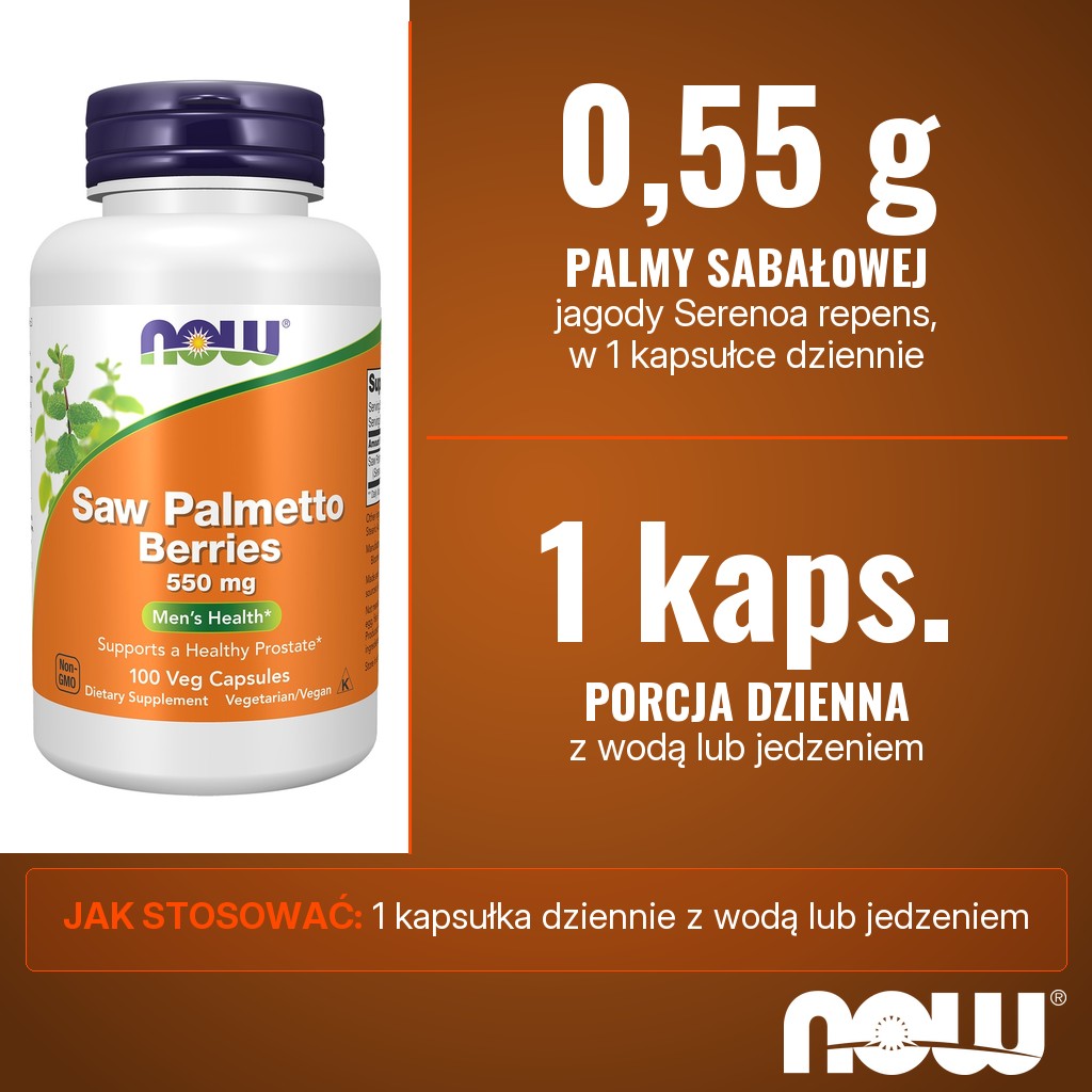 Now Foods Saw Palmetto Berries 550 mg: 0,55 g jagód palmy sabałowej w 1 kapsułce dziennie