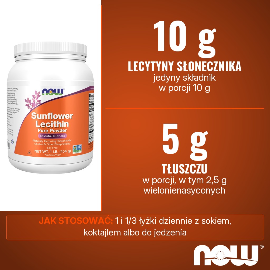 Now Foods Sunflower Lecithin Pure Powder: 10 g lecytyny ze słonecznika w proszku, jedyny składnik, w porcji 1 i 1/3 łyżki, 5 g tłuszczu