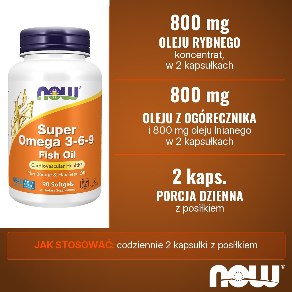 Now Foods Super Omega 3-6-9: po 800 mg koncentratu oleju rybnego, oleju z ogórecznika i oleju lnianego w 2 kapsułkach dziennie