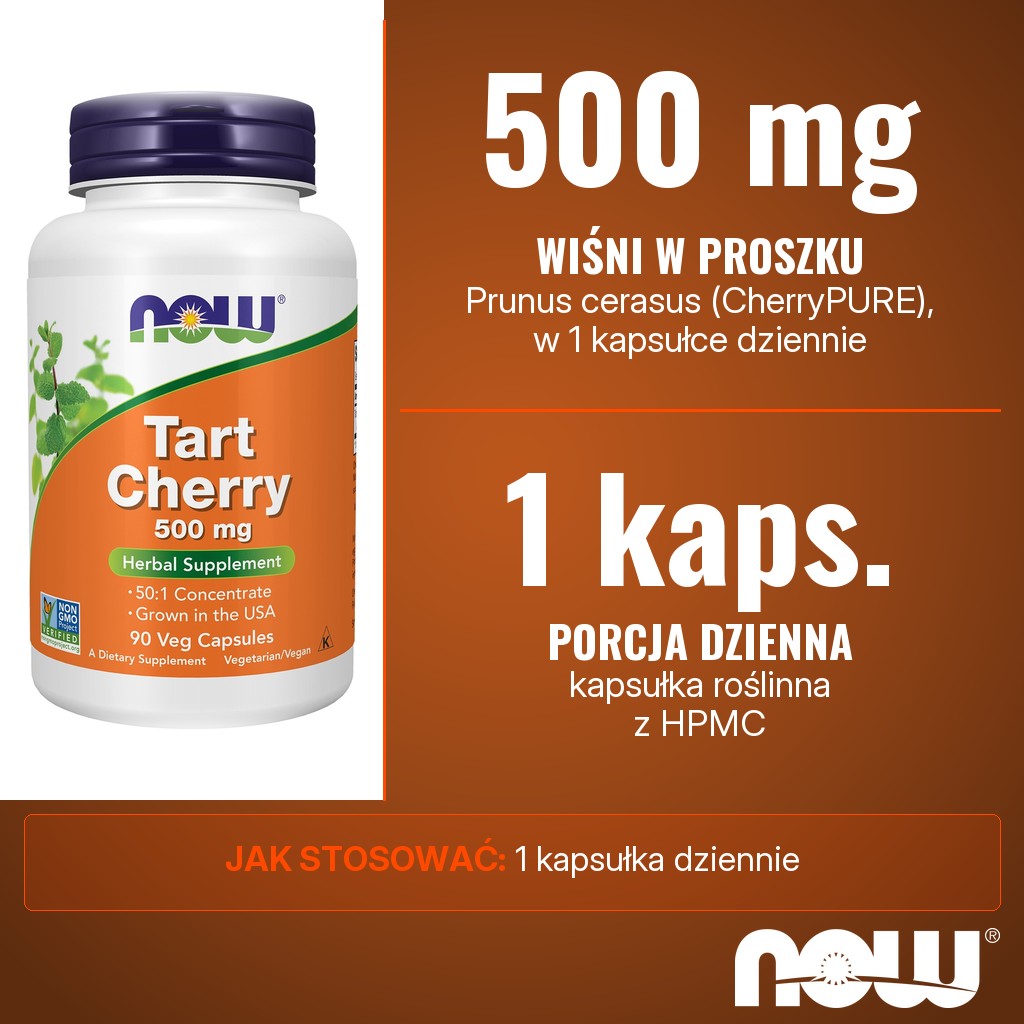 Now Foods Tart Cherry: 500 mg wiśni (Prunus cerasus) w proszku CherryPURE w 1 kapsułce dziennie