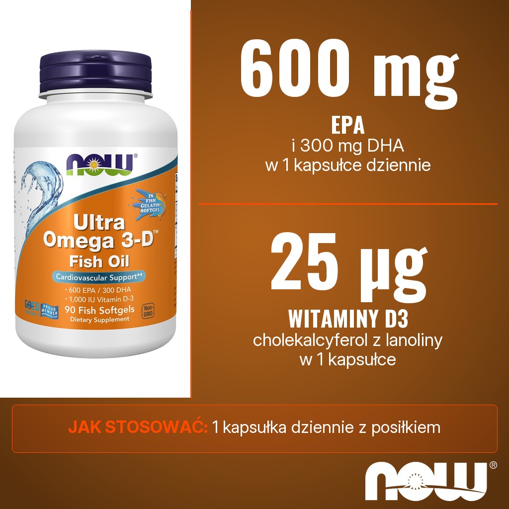 Now Foods Ultra Omega 3 with Vitamin D3: 600 mg EPA, 300 mg DHA i 25 µg witaminy D3 w 1 kapsułce dziennie