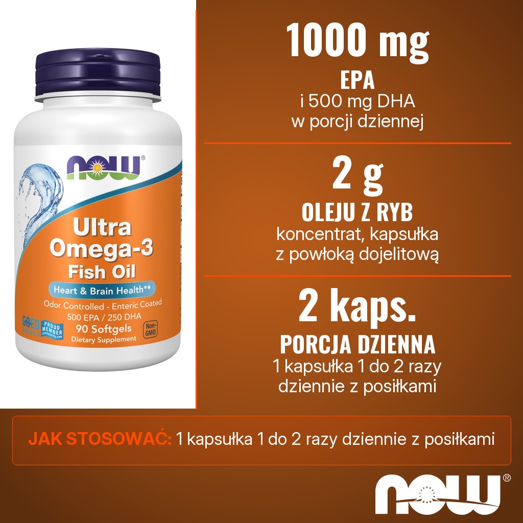 Now Foods Ultra Omega 3: 1000 mg EPA i 500 mg DHA w 2 g koncentratu oleju z ryb, porcja dzienna 2 kapsułki z powłoką dojelitową