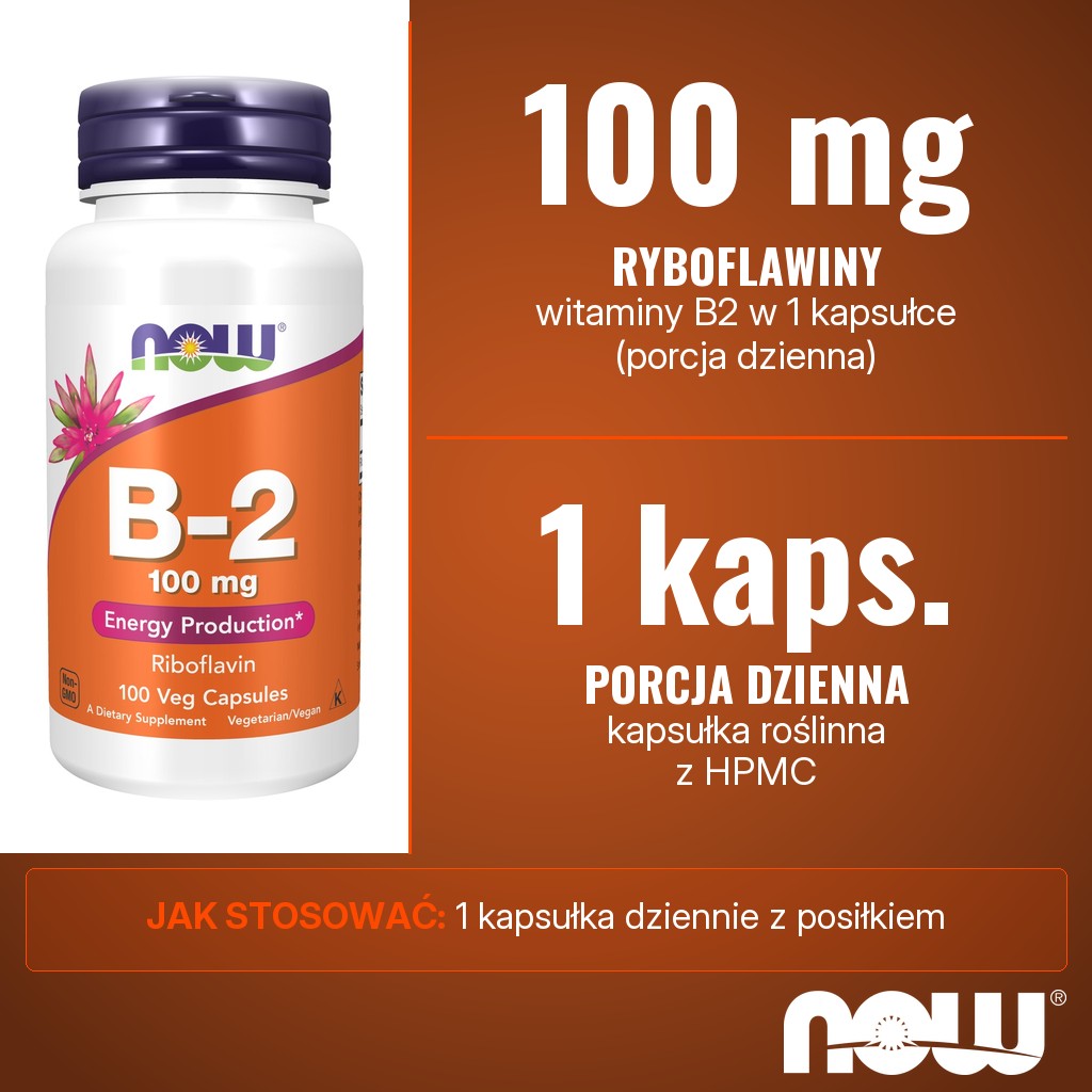 Now Foods Vitamin B-2 Riboflavin: 100 mg ryboflawiny (witaminy B2) w 1 kapsułce dziennie