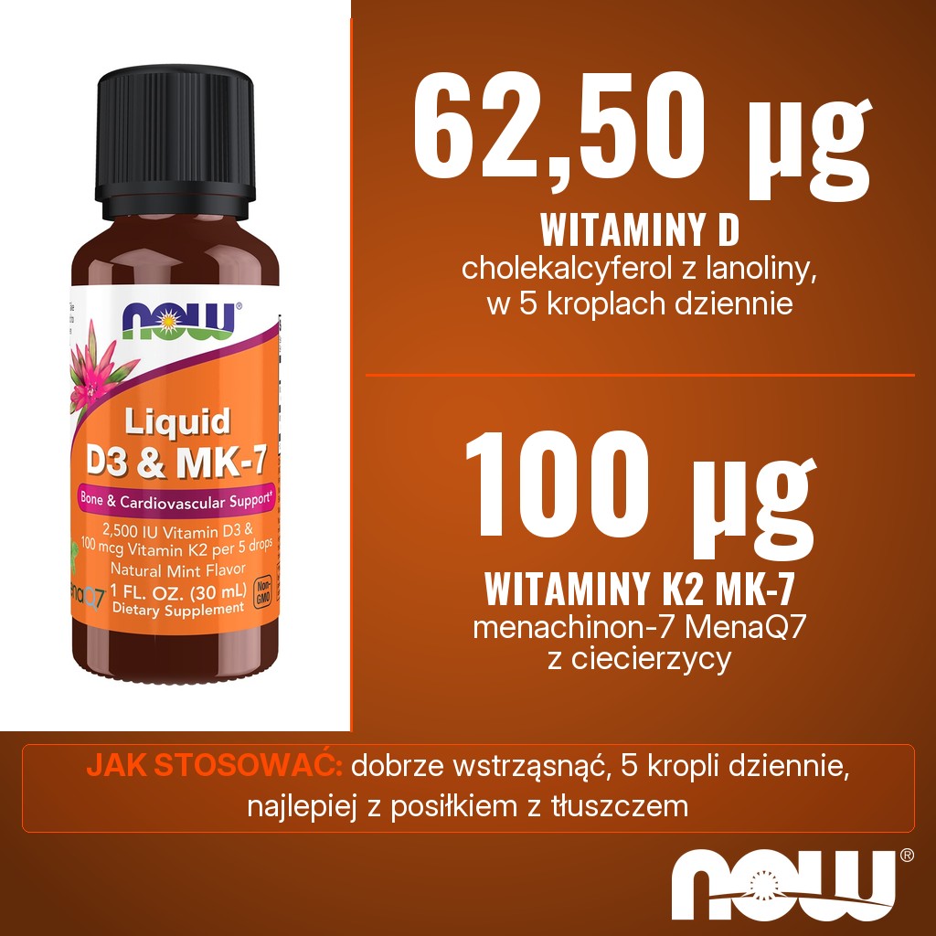 Now Foods Liquid D3 & MK-7: 62,50 µg witaminy D i 100 µg witaminy K2 MK-7 w 5 kroplach dziennie