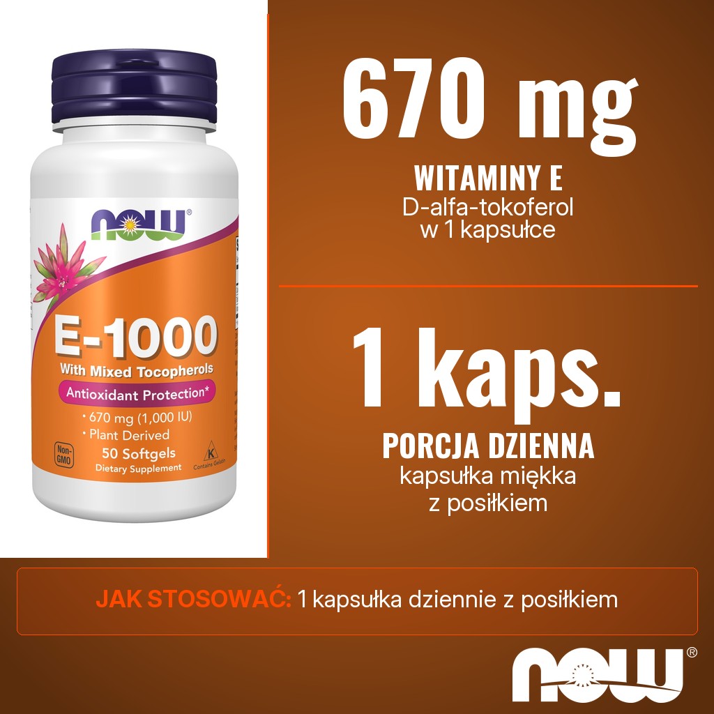 Now Foods Vitamin E-1000 Natural: 670 mg witaminy E (D-alfa-tokoferol) w 1 kapsułce dziennie