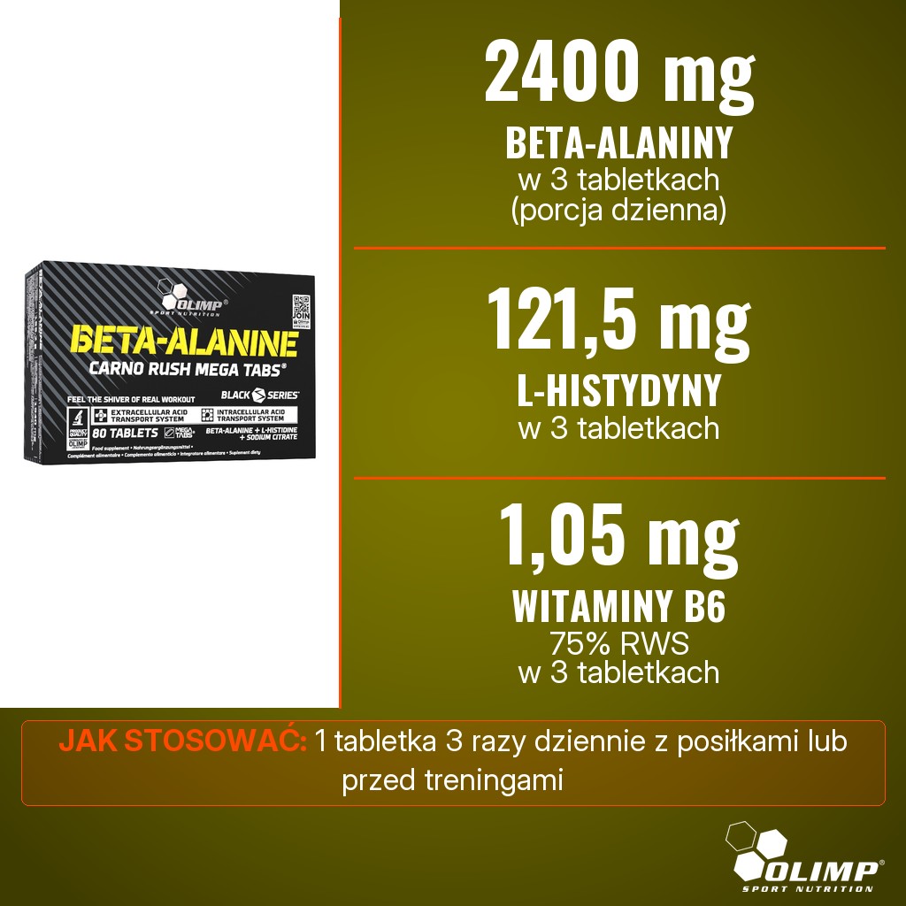 Olimp Beta-alanine Carno Rush: 2400 mg beta-alaniny, 121,5 mg L-histydyny i 1,05 mg witaminy B6 w 3 tabletkach dziennie