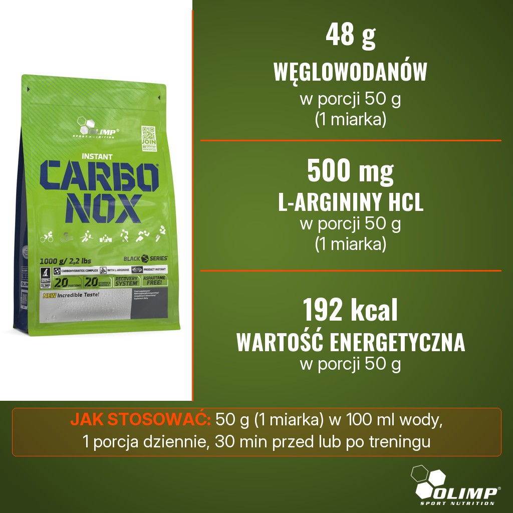 Olimp Carbo Nox: 48 g węglowodanów, 500 mg chlorowodorku L-argininy i 192 kcal w porcji 50 g